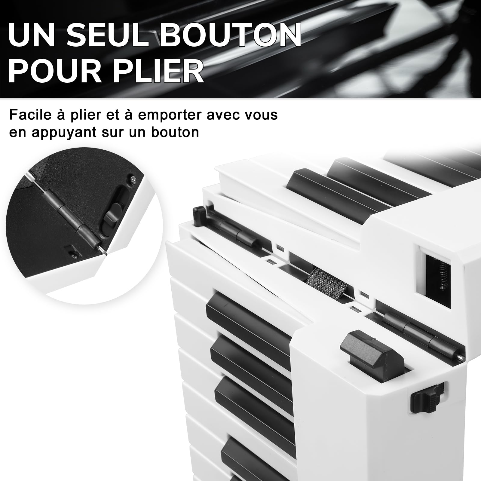 LEADZM Piano Numérique Pliable 88 Touches, Ensemble Piano Électrique Semi-Lesté, 2 Modes Bluetooth, 1000 Rythmes, 1000 Sonorités et 50 Démos pour Débutants (Blanc)