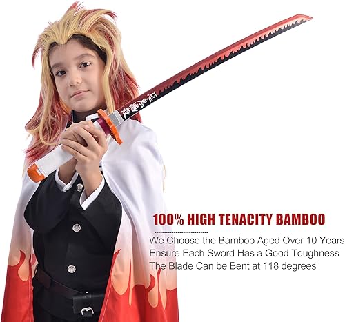Vista 29 de Demon Slayer - Espada para niños de 31 pulgadas, hoja de bambú con cinturón y soporte de espada, espada de anime de textura original, Katana Demon