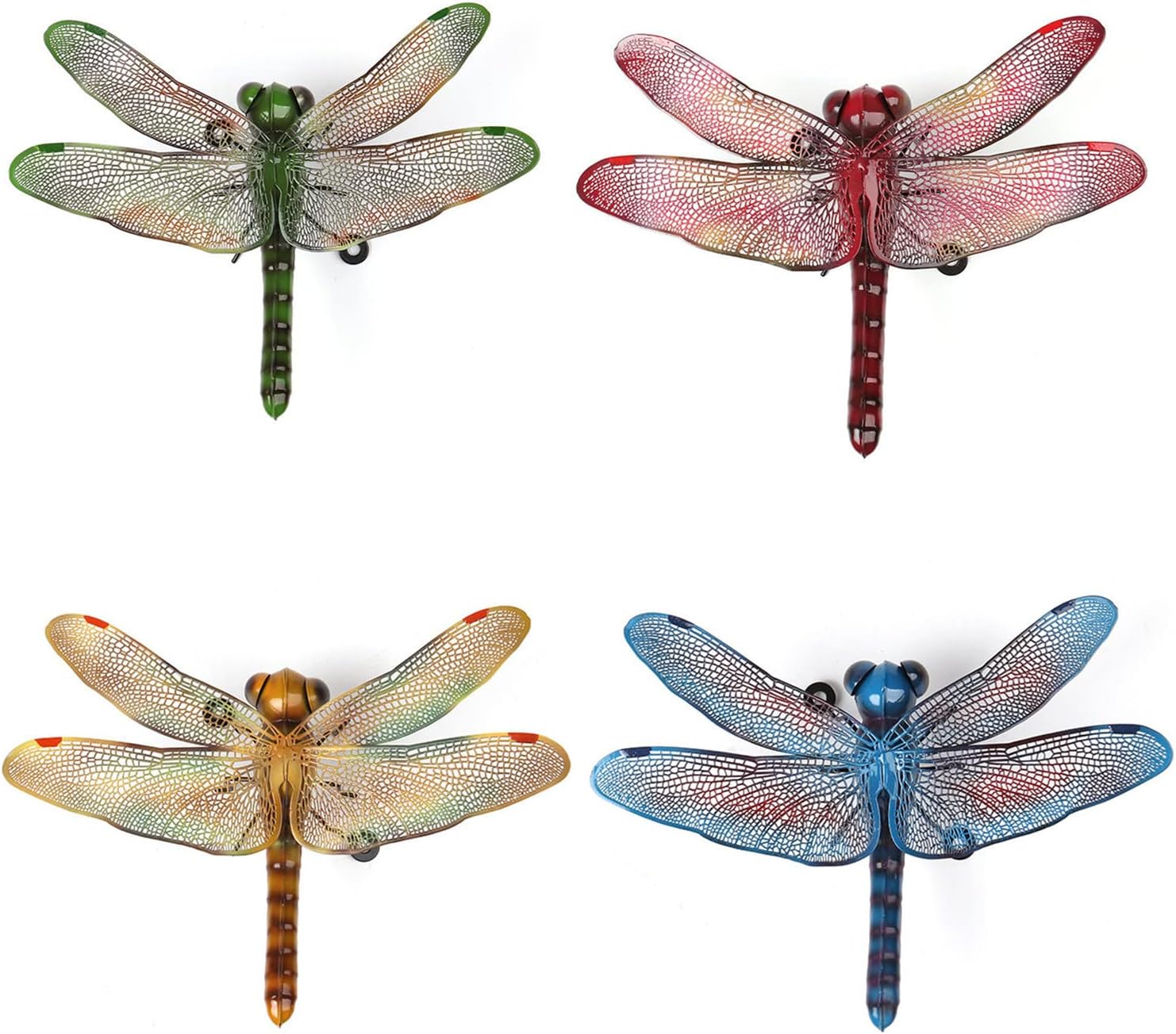 Queemie® Multicolor 3D Dragonfly Wall Art Decor, Metal Dragonflies Outdoor Garden Hanging Wall Sculptures for Indoor Home Yard Fence Patio Balcony Decorations, 4PCS