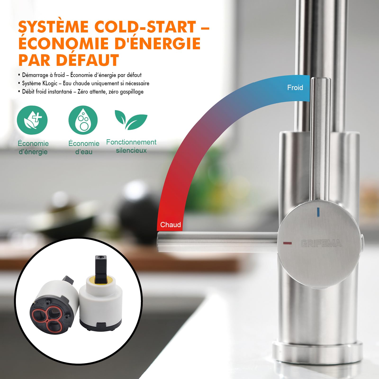 GRIFEMA G4008 Robinet de Cuisine Mitigeur Évier à Poignée Unique, Arc Élevé 360, Acier Inoxydable
