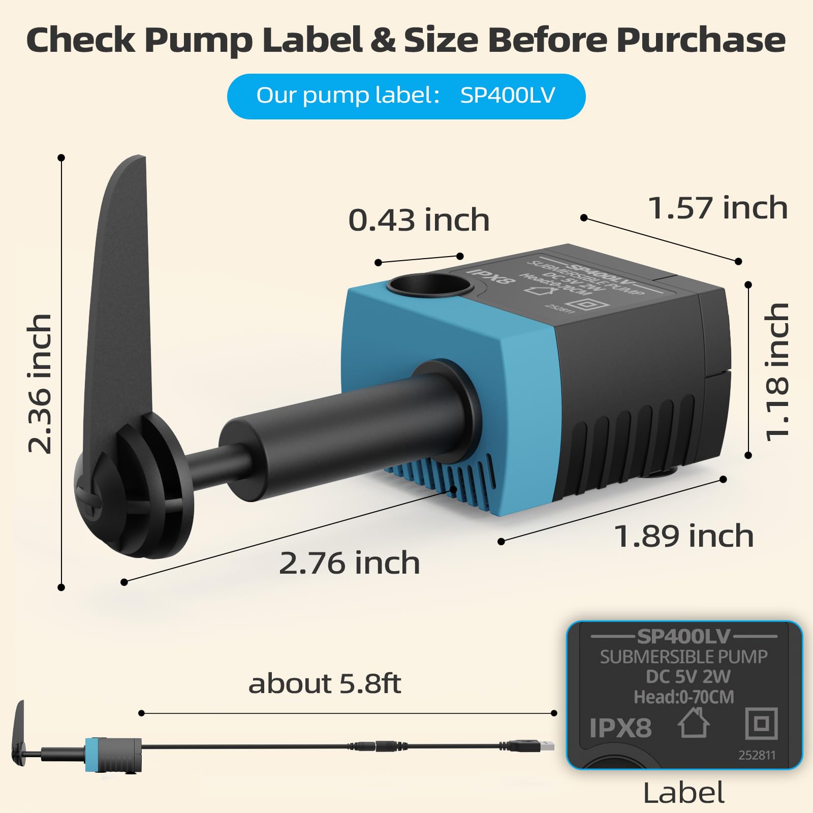 SP-400LV Bomba de fuente de agua para gatos con mango grande, bomba de repuesto USB de 5 V compatible con dispensadores de agua para mascotas Drinkwell Platinum y Platinum LED (sin adaptador)