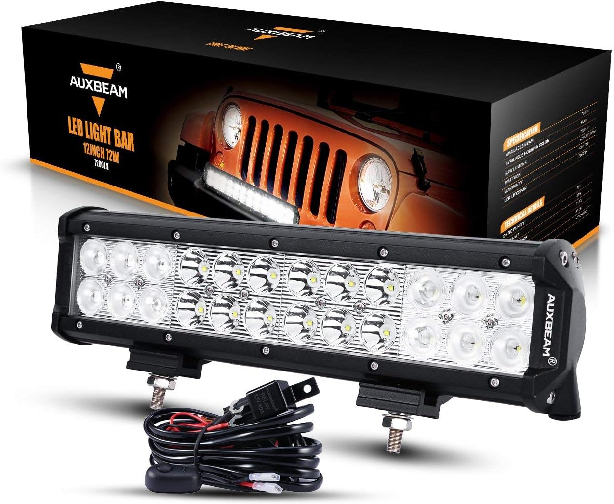 Auxbeam 12 Inch LED Light Bar with Wiring Harness 72W 7200lm Light Bar Combo Beams 24pcs 3W Led Chips Waterproof Led Work Light for Truck Pickup Jeep SUV ATV UTV