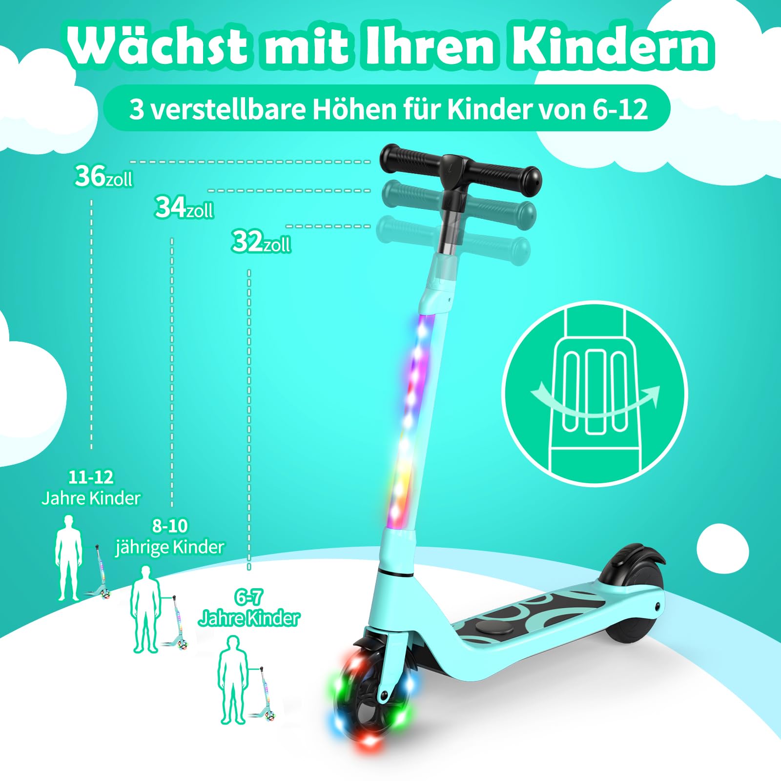 SISIGAD E Step Voor Kinderen Van 6 Tot 12 Jaar , Met Knipperende Ledlampen En 3 Instelbare Hoogtes Elektrische Max 10 Kmu Motor 45 W Maximale Belasting 70 Kg 2861848240