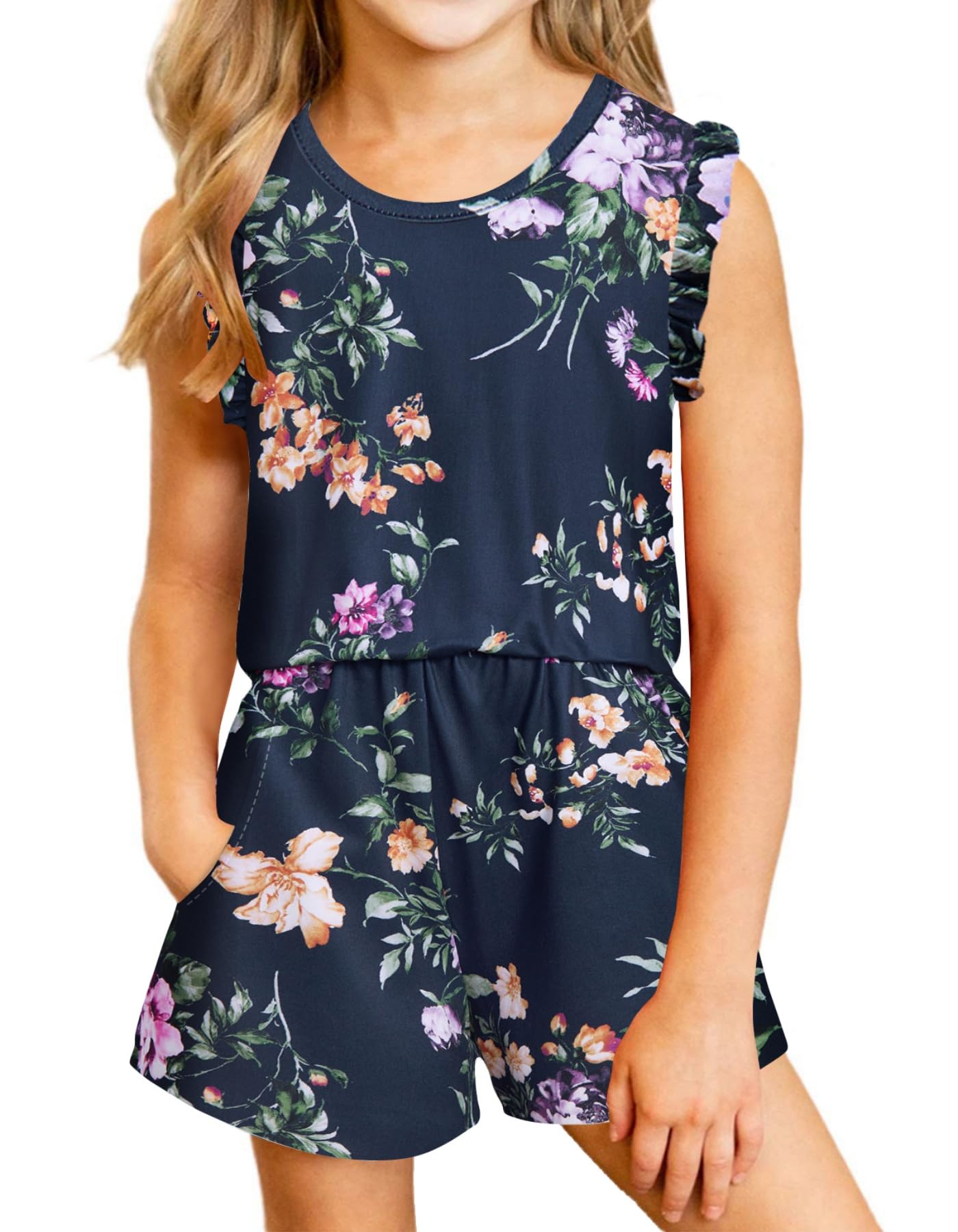 Kimoda Girls Jumpsuits Rompers Ruffle Sleeve Romper Shorts with Pockets Summer One Piece Playsuit Outfits for Girl 6-13 Years