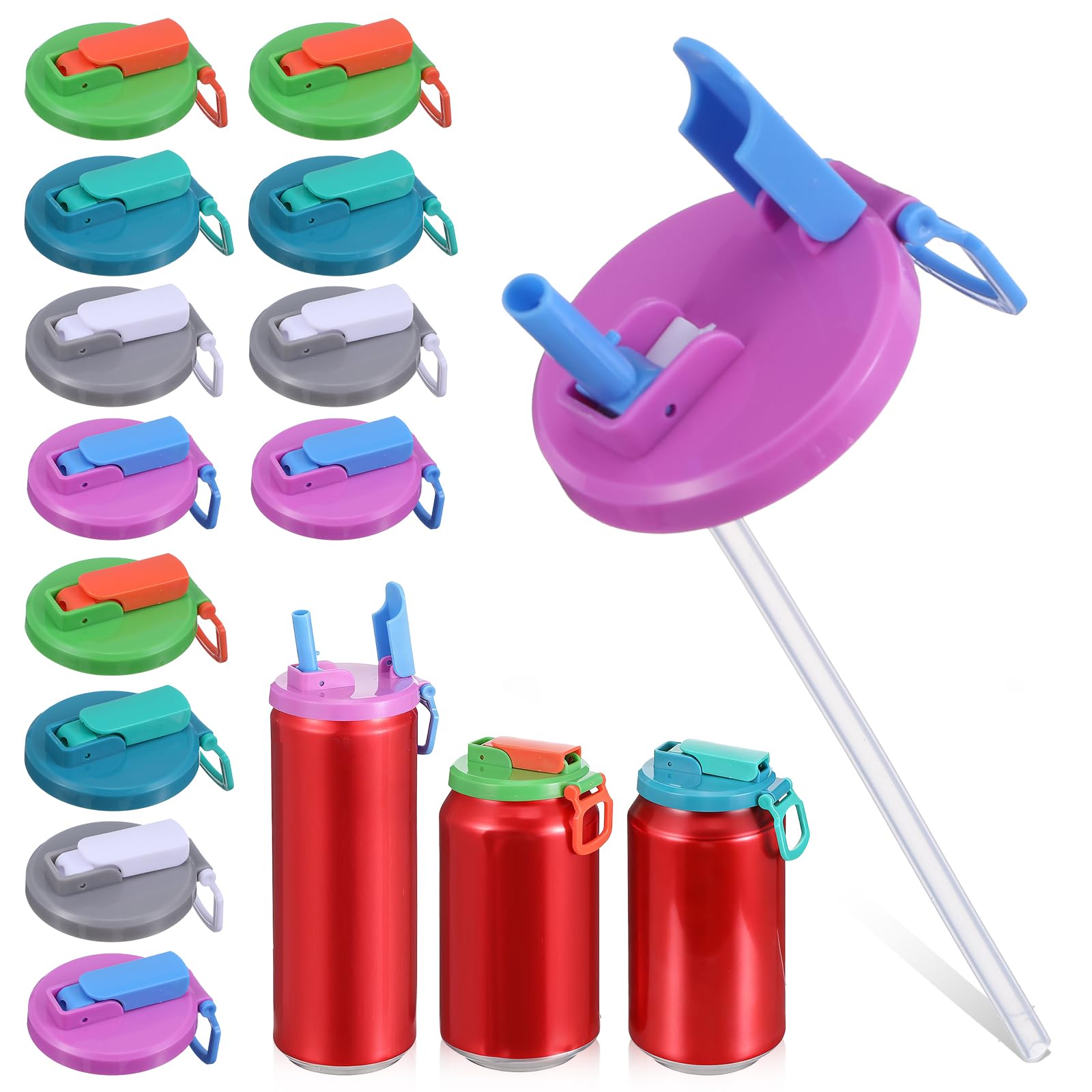 Photo 1 of 12 Pcs Soda Can Lids with Straws, 4 Color Reusable Pop Can Covers, BPA-Free Spill-Proof Silicone Cans Lids for Standard Soda, Beer, and Juice