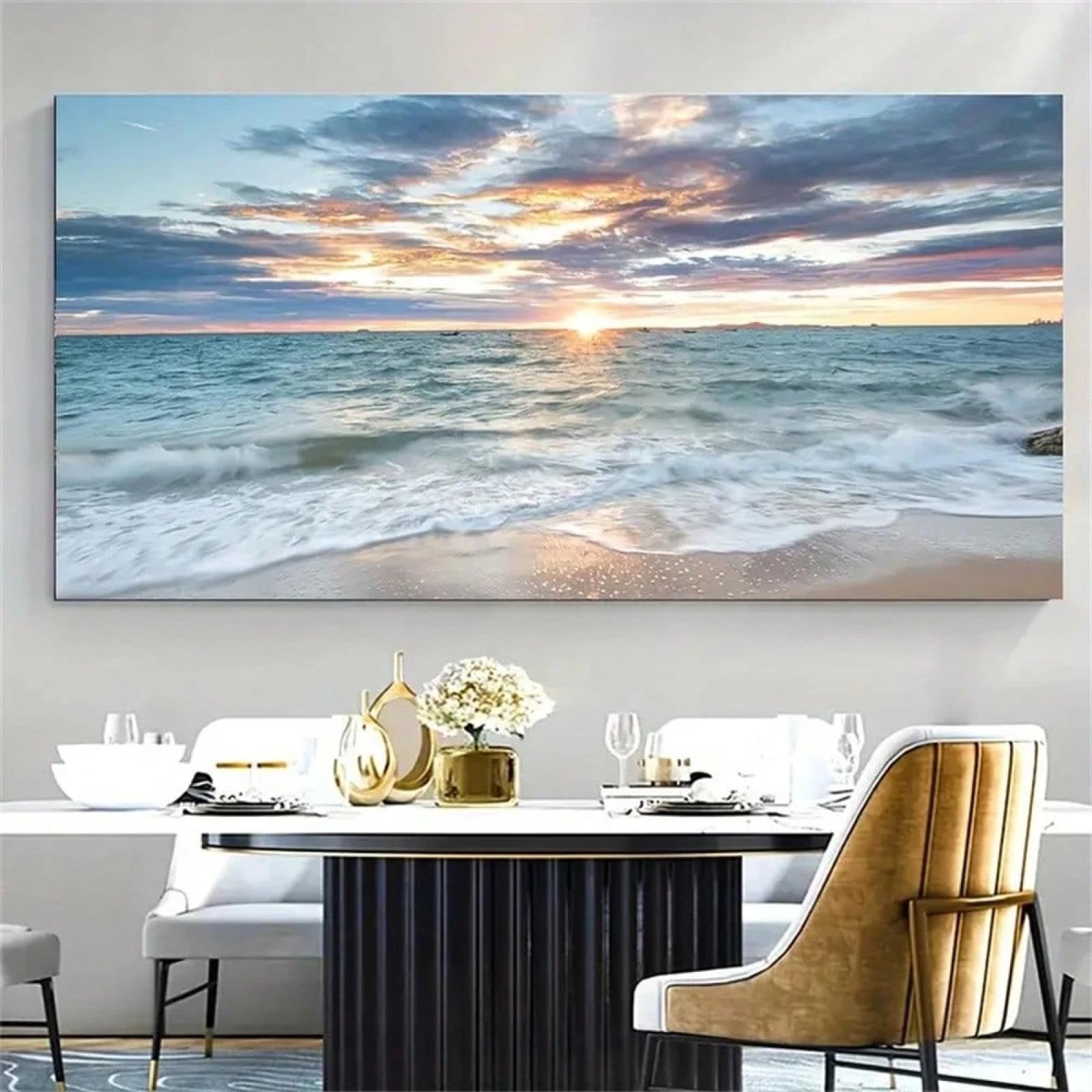 PEWFBS Grande stampa su tela con paesaggio marino al tramonto sull'oceano, decorazione murale nautica costiera per soggiorno, opera d'arte contemporanea 70x140 cm, senza cornice