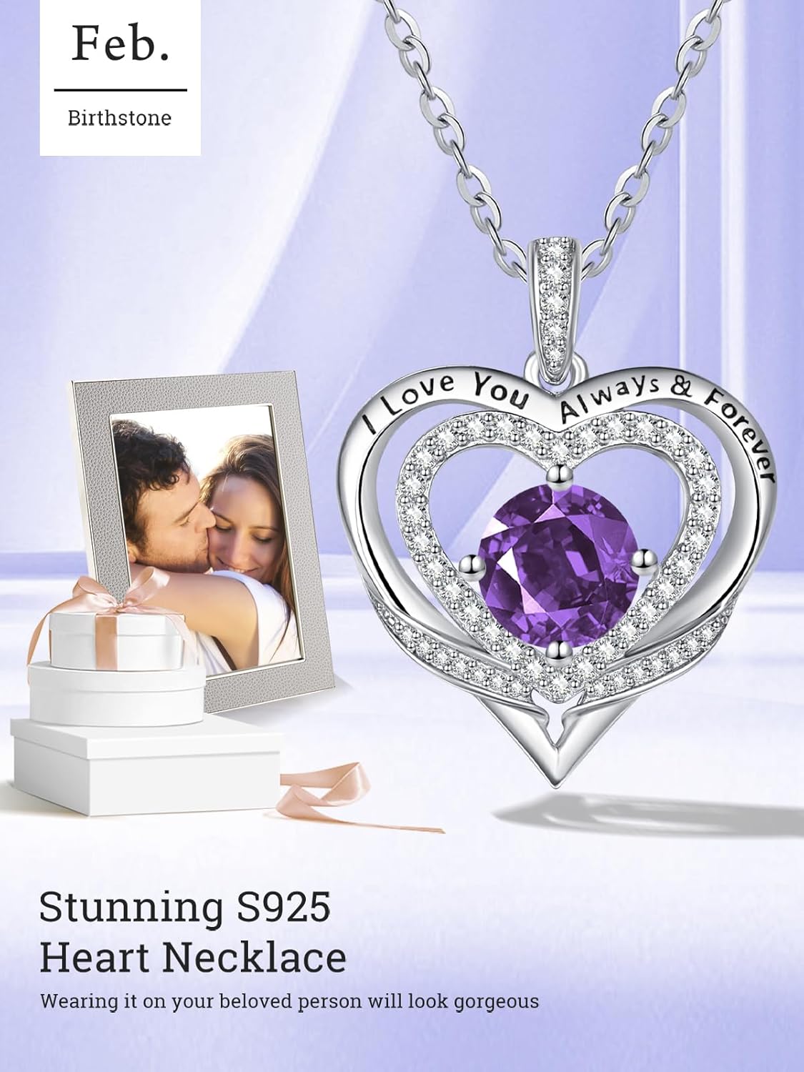 Heart Necklaces for Women, White Gold/Rose Gold Jewelry with Birthstone Pendant, Anniversary Birthday Gifts for Her Wife Girlfriend Mom, 18+2 Inch Chain - Image 4