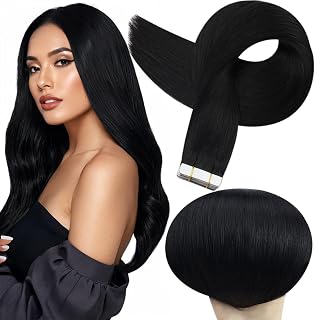 FullShine 26" Remy Human Hair Tape-In Extensions Straight Black 50g 20Pcs Seamless Double-Sided Tape for Natural Blend