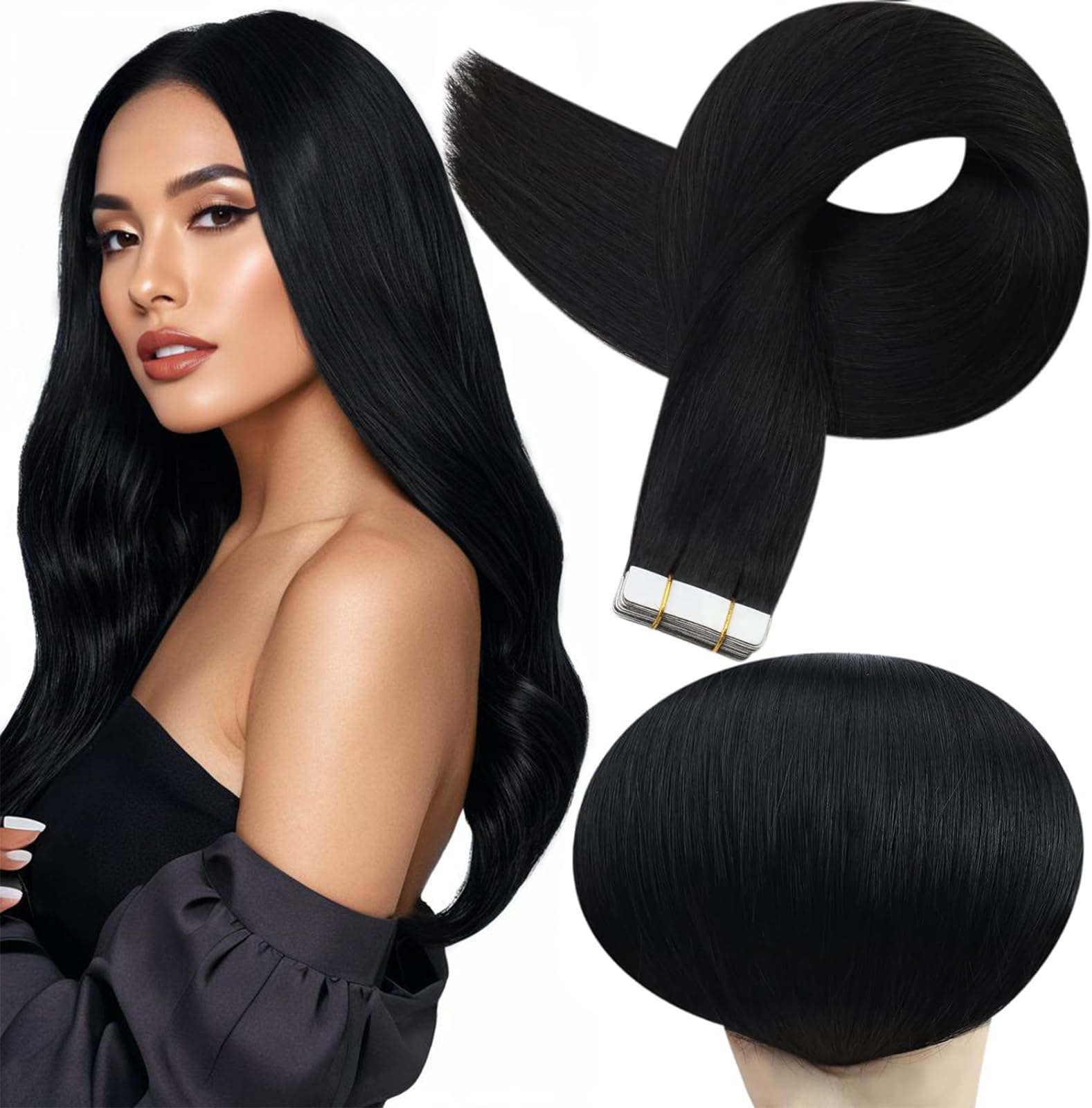 Full Shine Real Human Hair Tape in Extensions Black 24Inch Double Sided for Skin Weft Tape in Hair Extensions 20Pcs 50Gram Color 1 Jet Black Seamless Hair Extensions Real Human Hair Straight