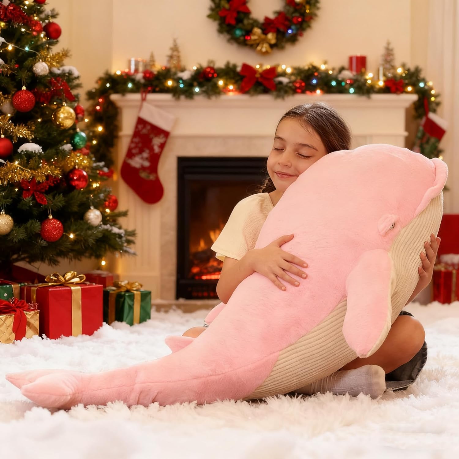 Tezituor 43.3 inch Giant Whale Stuffed Animals, Hugging Soft Pink Whale Plush Body Pillow for Girls Women, 4ft Life-Size Ocean Sealife Plush Gift for Christmas Birthday