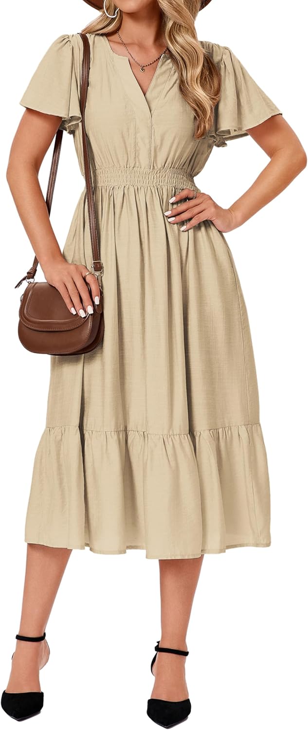 Women's Flutter Ruffle Sleeve V Neck A-Line High Elastic Wasit Flowy Midi Tiered Dress Casual Vacation Boho Beach Ankle Length Tunic Dresses with Pockets 2025 009 Small Beige S - Image 5