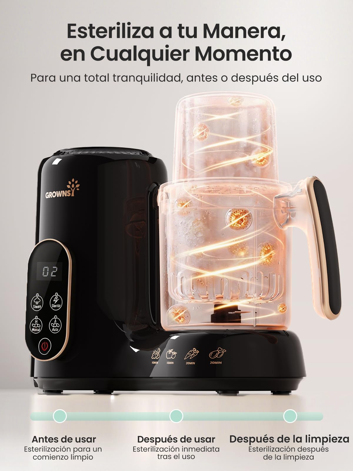 Grownsy Robot de Cocina para Bebé 6 en 1 con Doble Cesta Vapor - Cocina al Vapor, Tritura, Esteriliza, Descongela y Calienta, Comida Casera Saludable, Sin BPA