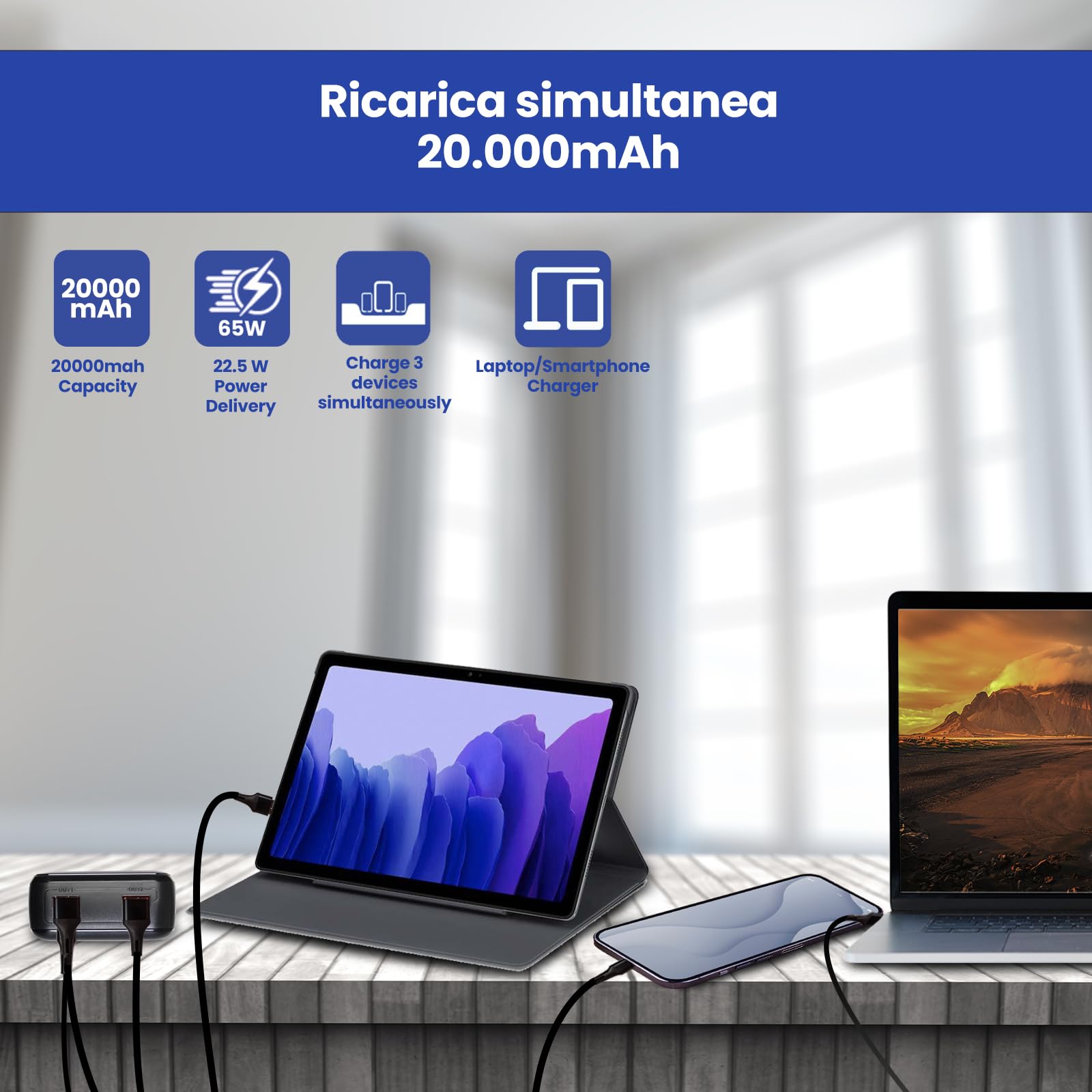 Ewent 65 W Power Bank, 65 W, 20000 mAh, zewnętrzna bateria szybkiego ładowania, przenośna ładowarka USB C wejście i wyjście do MacBooka Pro Steam Deck iPhone 16, 15, 14, 13, 12 Pro Mini MAX, Samsung