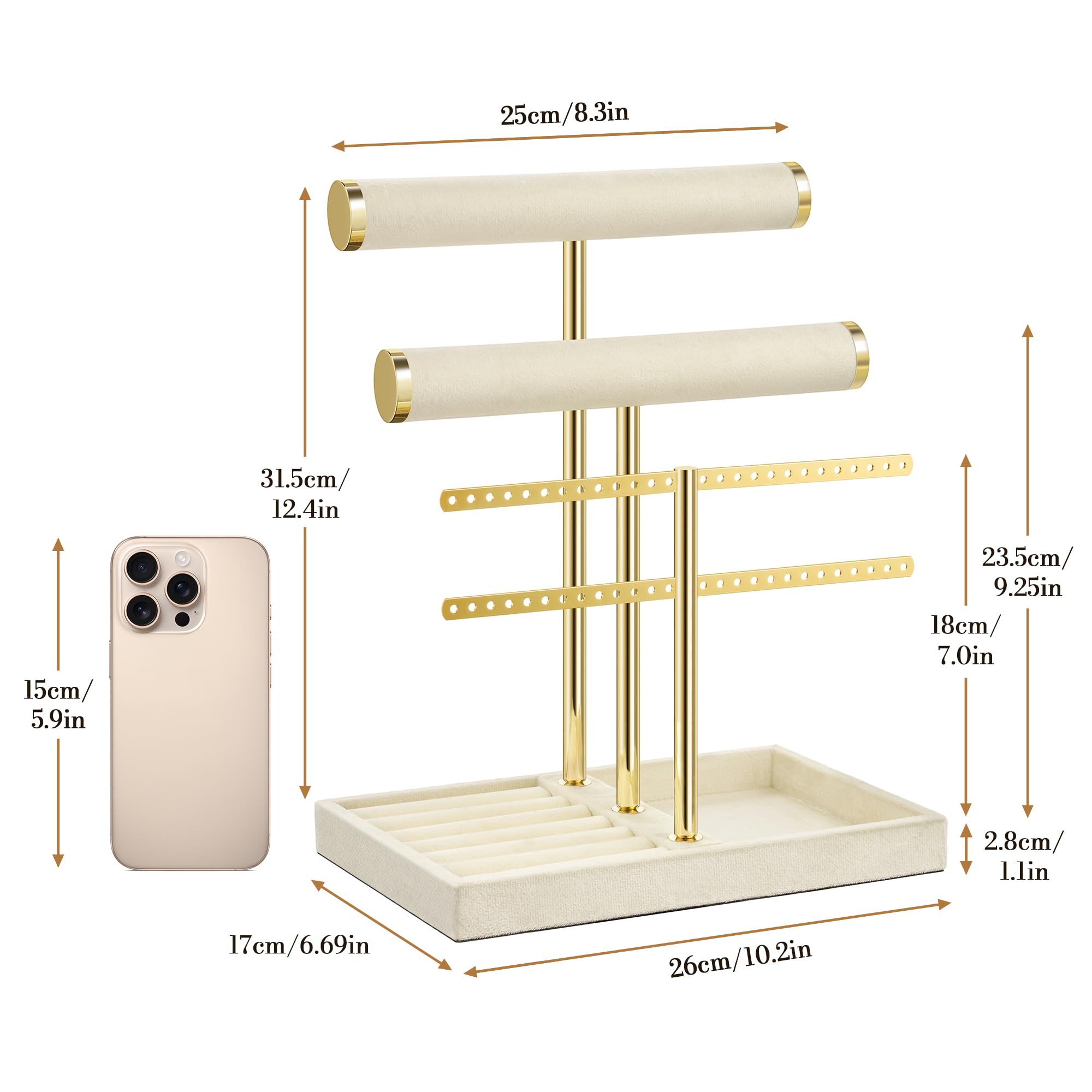 Josmimic Organizador de joyas con 3 niveles – Grande Beige Soporte para joyas pulseras de terciopelo para pulsera, collar, relojes, anillos