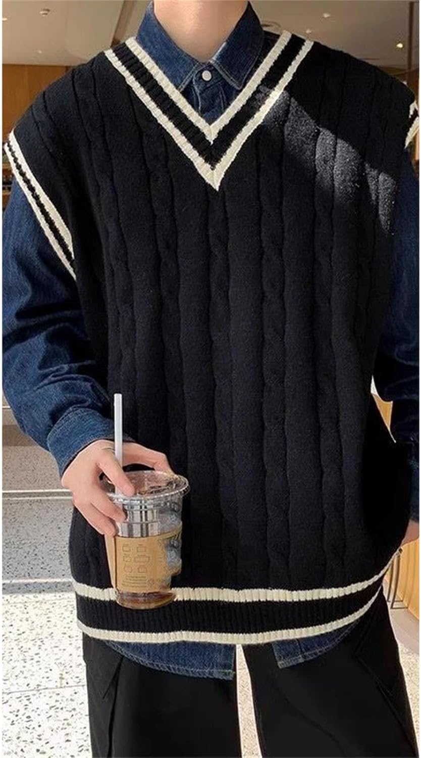 Mens Vintage Preppy Style Oversized Knitted Sweater Vest Streetwear V Neck Sleeveless All Match Waistcoat