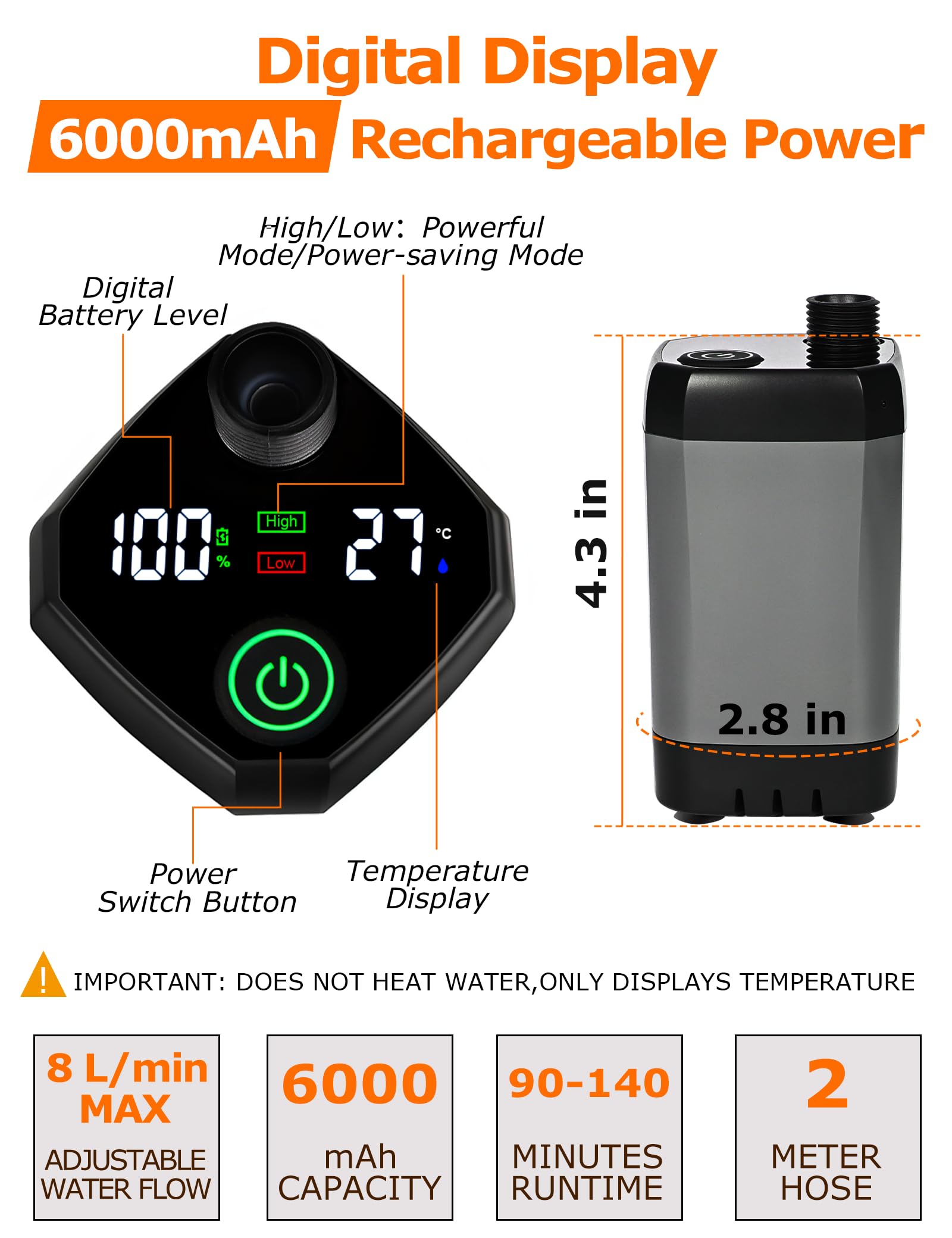 innhom Doccia da campeggio portatile, 6000 mAh, ricaricabile, con display a LED, impermeabile IPX7 e 2 modalità di spruzzo, doccia elettrica esterna per escursioni, viaggi, bagno per animali domestici