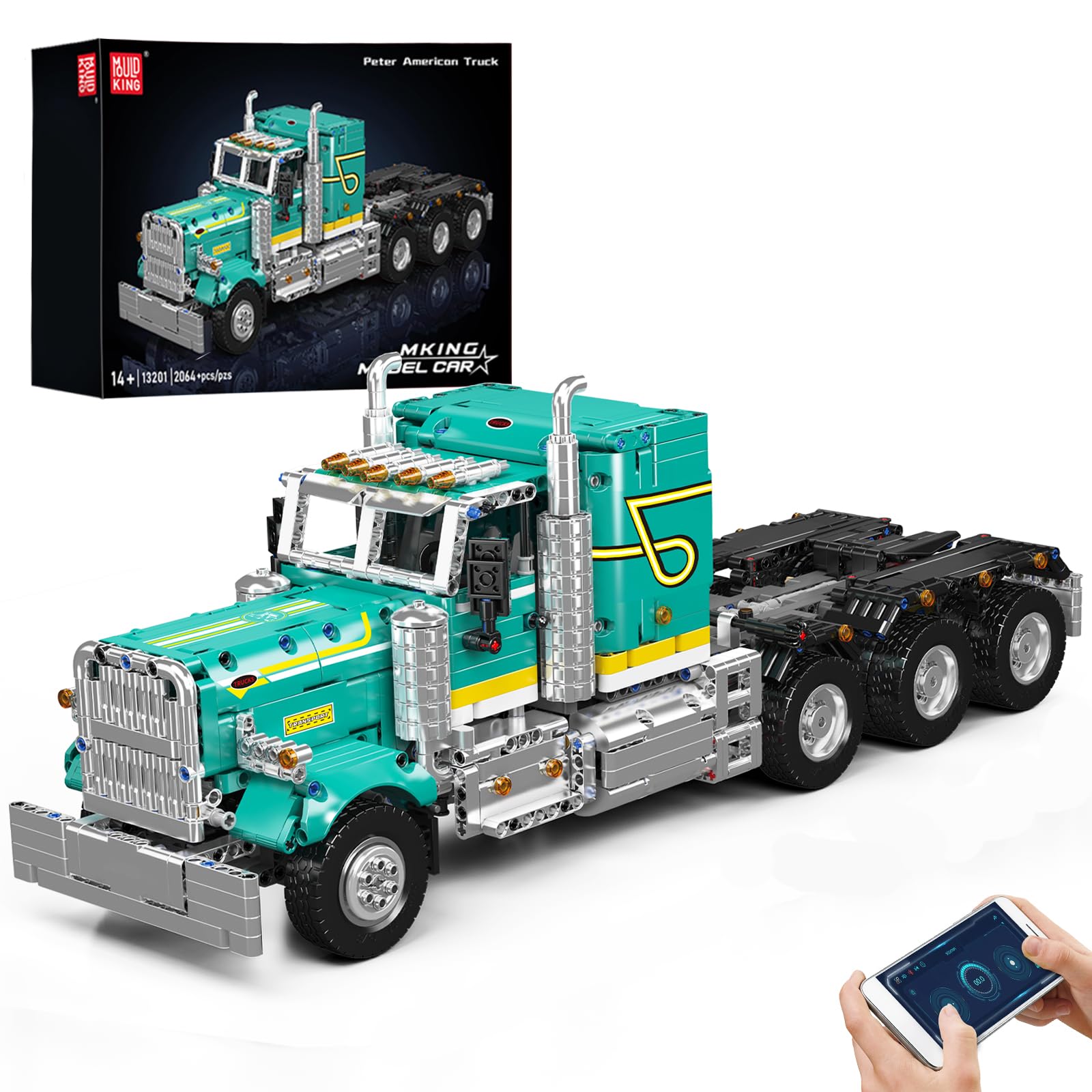 Mould King 13201 Semi Truck Building Set, Flatbed Truck Toy with 3 Motors | Collectible Car Model with Remote Control, Opening Doors & Hood, Steerable Wheels, Build and Display, Ideal Gifts for Adult