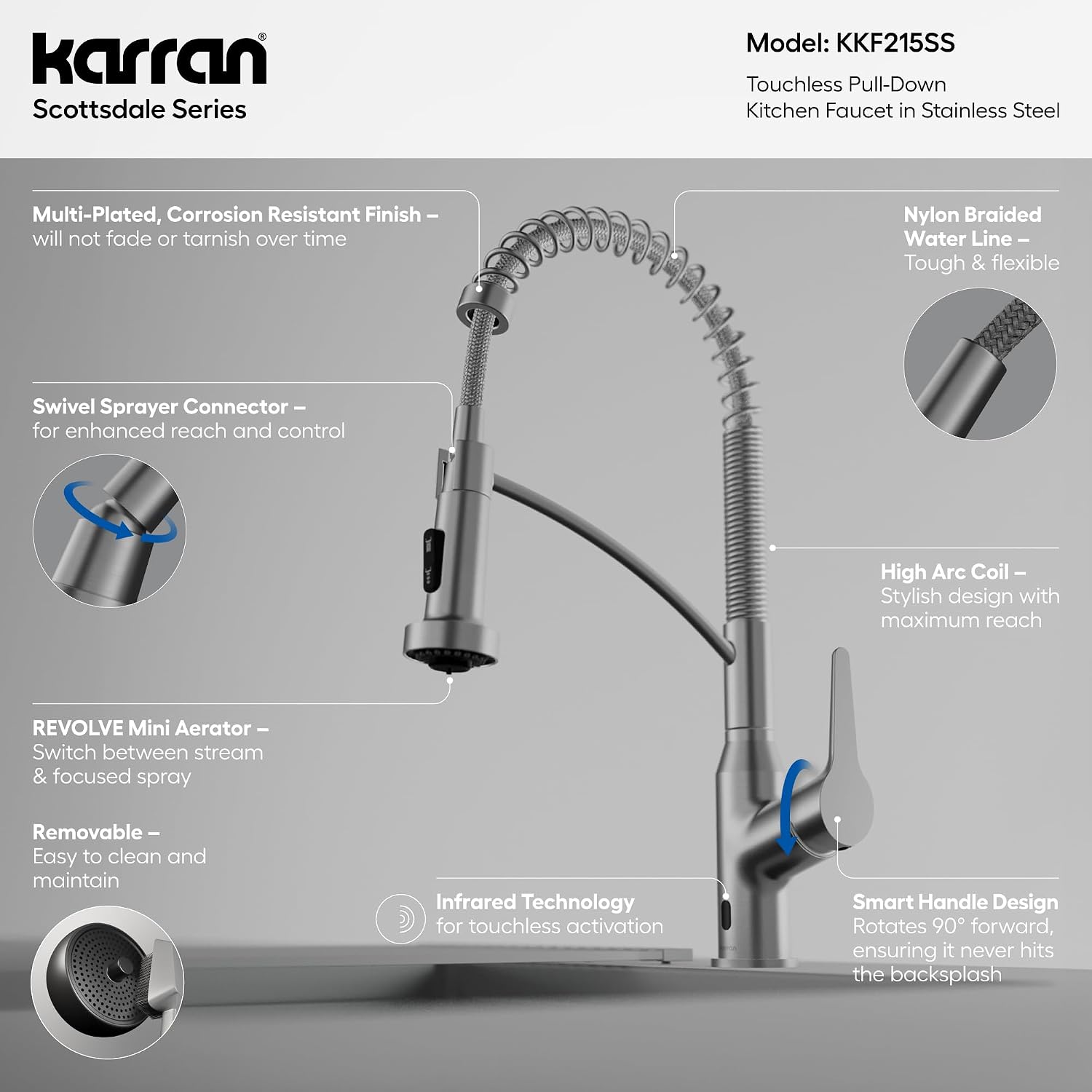Karran Scottsdale Touchless Kitchen Faucet, Commercial Spring Pull-Down Sprayer, High-Arc Single Handle, Dual Spray Modes, Deck Mount, Stainless Steel