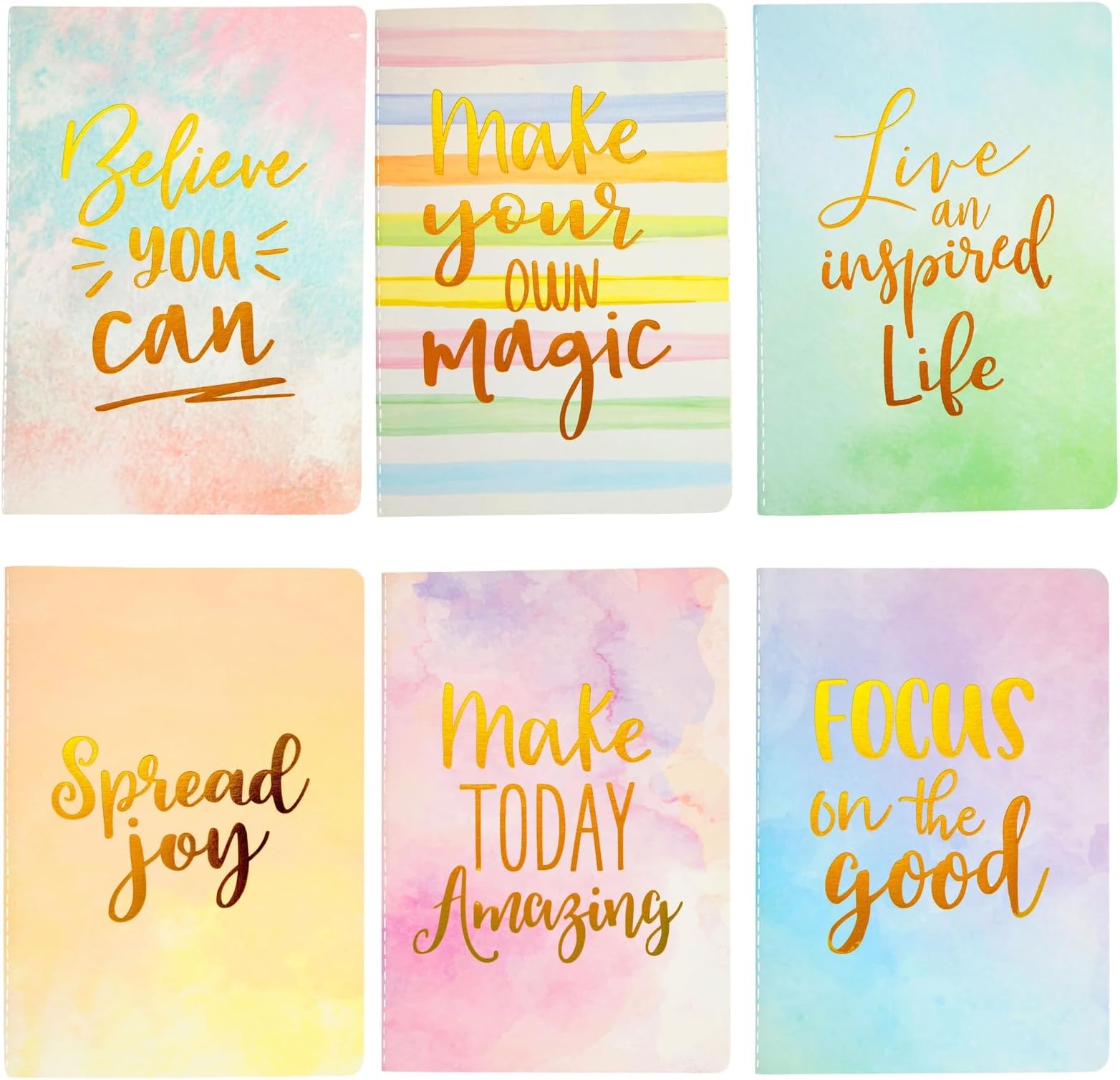 Paper Junkie Journaling Notebooks - 6-Pack A5 Softcover Multicolor, 80 Ruled Ivory Pages - Inspirational Notebooks with Watercolor Covers & Gold Foil Quotes - Note Pads for College & Office