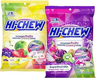 (Variety 2 packs) Hi Chew Candy, Superfruit Mix: Dragon Fruit, Acai, Kiwi, Original Mix: Grape, Green Apple, Strawberry, Flavored Individually Wrapped Japanese Candies, 3.17oz, 3.53oz