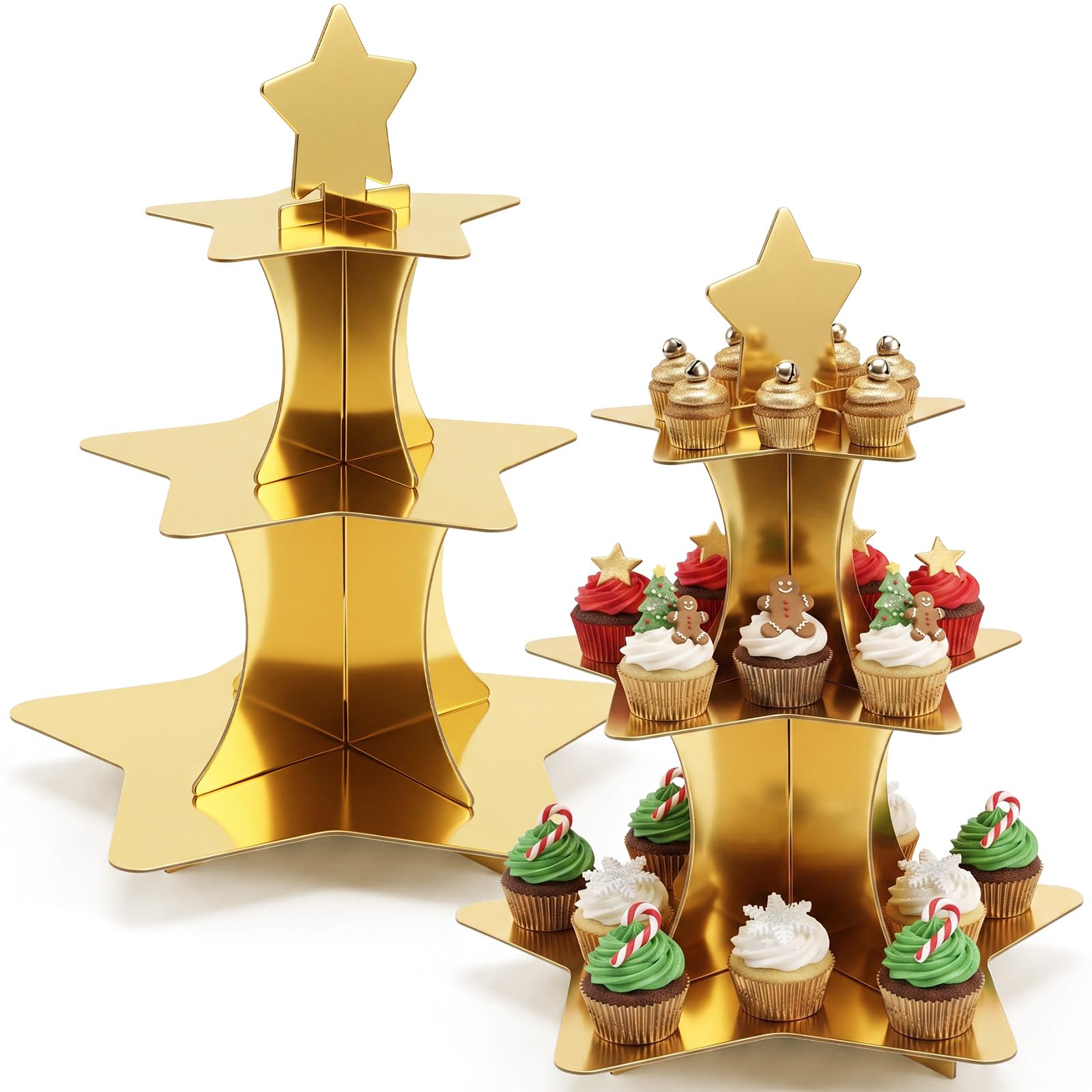 Willinglong 2 Pcs 3 Tier Star Cupcake Stand Golden Cupcake Stand