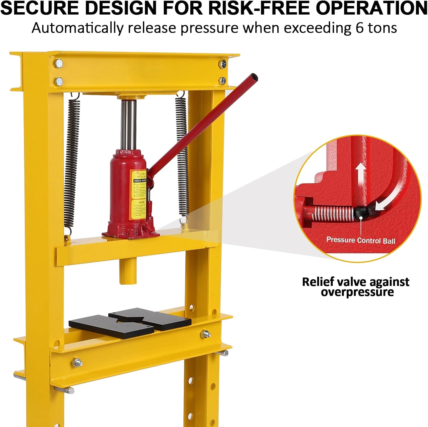 12 Ton Shop Press H Frame Press, 12 Ton Hydraulic Press H Frame Garage Floor Press with Plate, Adjustable Working Table Height Hydraulic Shop Floor Press for Gears and Bearings