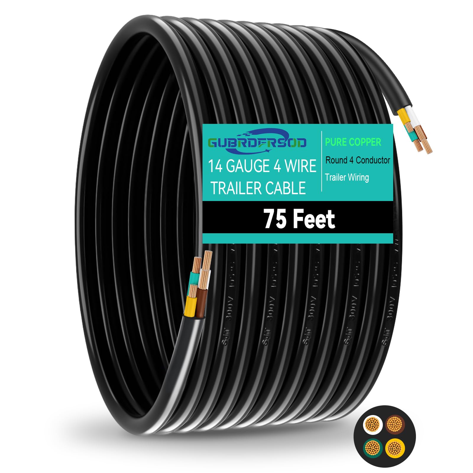 4-drożny kabel przedłużający do przyczepy, długość 2,5 m, wytrzymały, 4-żyłowy, wiązka kabli, czysta miedź, izolowany, 4-drożny kabel do przyczepy, 14 AWG, okrągły, 4 kodowane kolorami