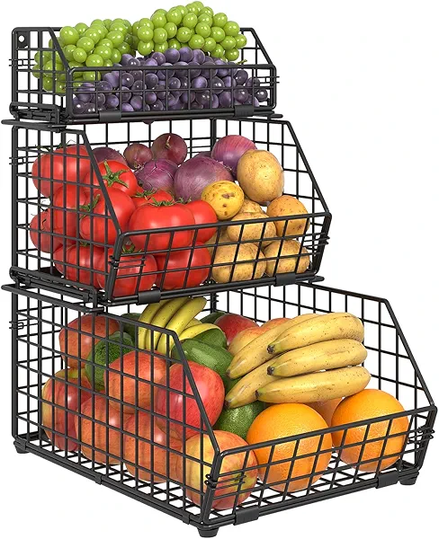 Yuzehuaza 3-Tier Fruit Basket for Kitchen Counter, Stackable Wire Baskets Wall, Potato and Onion Storage Bins, Pantry Organizers and Storage for Potato, Onion, Produce, Fruit, Vegetable, Snack