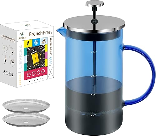 L'PICA - Cafetera de prensa francesa de 34 onzas, prensa francesa de vidrio de borosilicato resistente al calor con 3 filtros (azul)