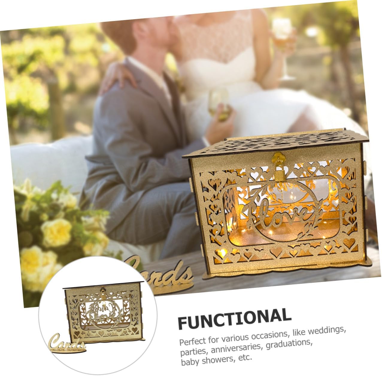 Wooden Hollow Greeting Card Box with Slot for Wedding Reception Envelope Money Card Holder Anniversary Party Decor