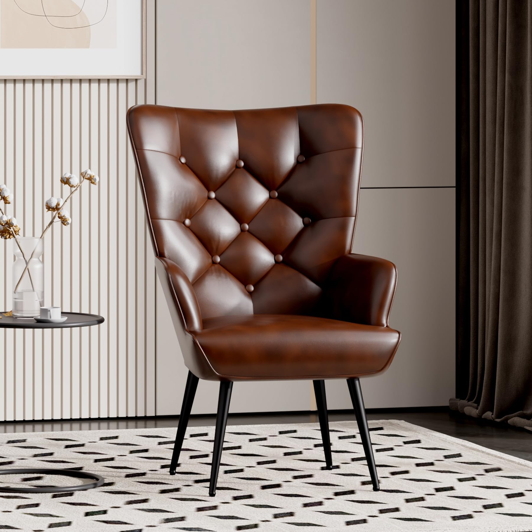 Aivermeil Armchair Tub Chair,with Footstool,High back with gold legs Comfy,Leather Chair, for Bedrooms, Living rooms,Relaxation,150kg Load Capacity Brown, （no footstool