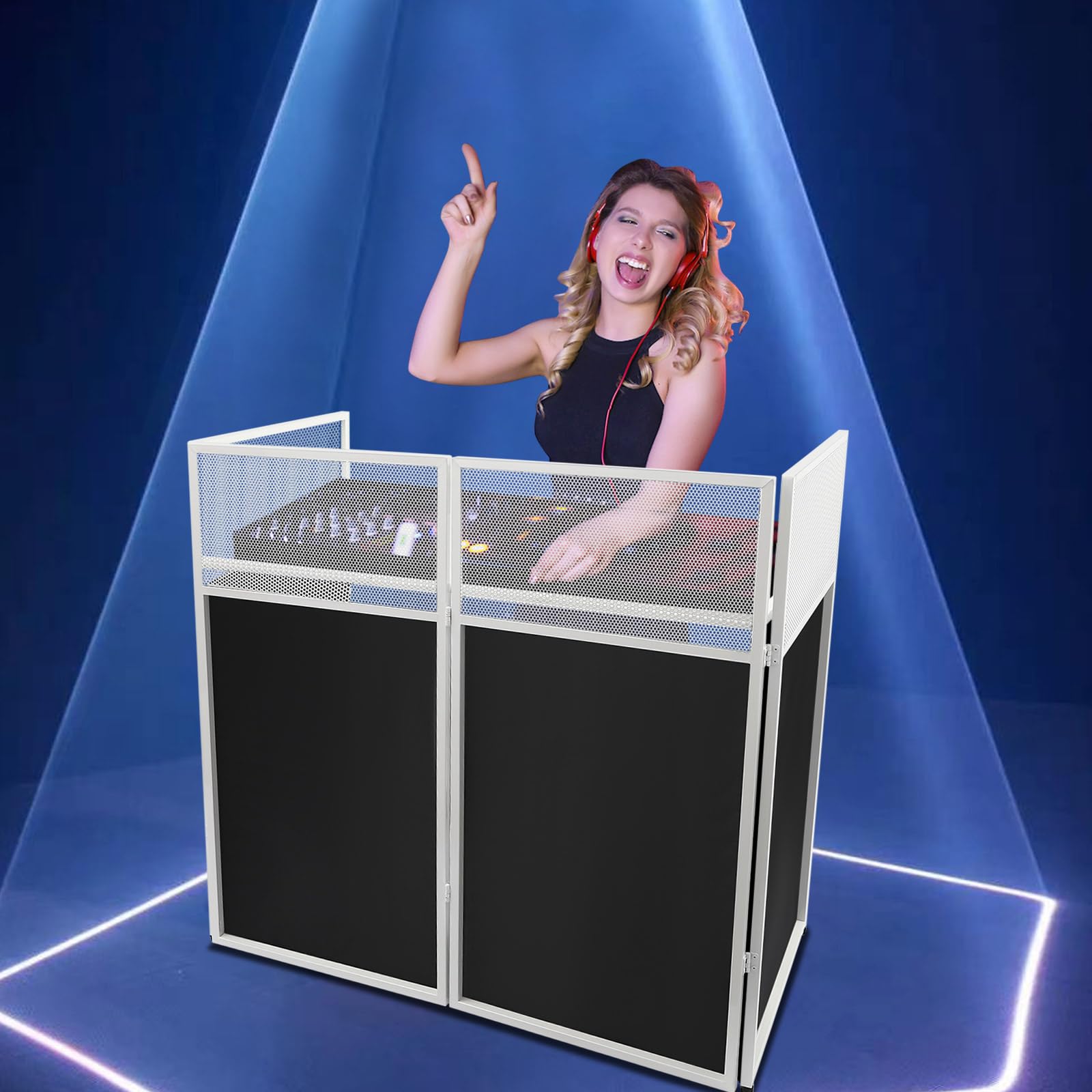 DYNAMI Portable DJ Facade Booth with Carrying Bag,Foldable DJ Table Station with White & Black Scrim, Aluminum Alloy Frame Folding DJ Booth DJ Event Facade Standing DJ Table (48