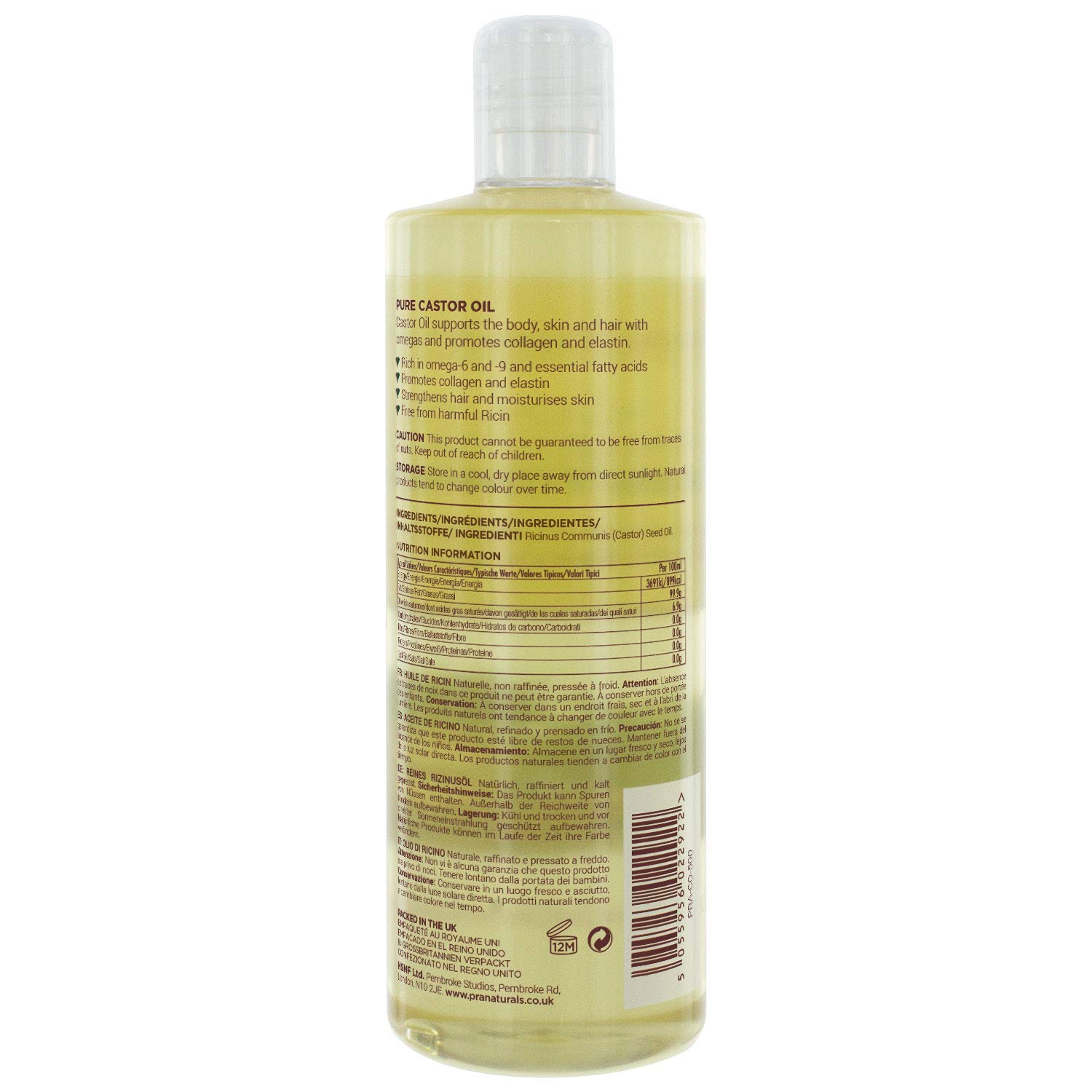 Aceite de ricino prensado en frío 500ml 100% vegano natural para crecimiento pelo pestañas piel suave omega 6 y 9