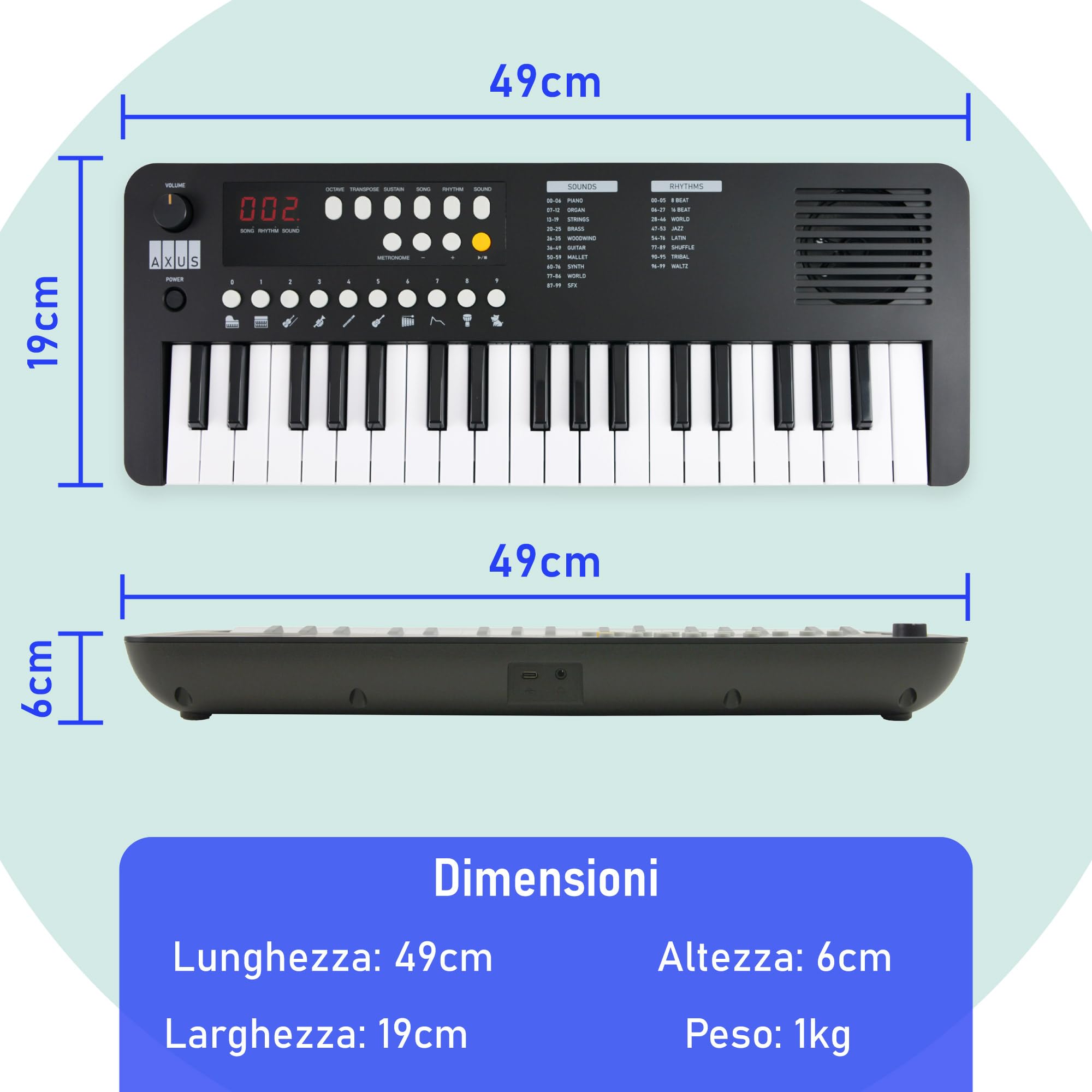 Axus 37 Mini Tastiera Portatile In Midnight Black - Divertente Pianoforte Elettrico Per Principianti, Usb-C O Alimentazione A Batteria