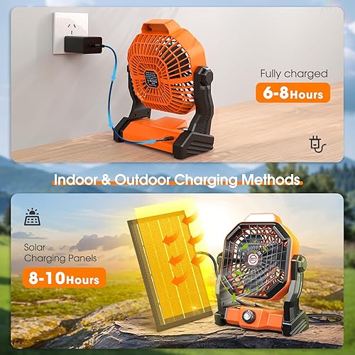 Miniatura 6 de Drchop Ventilador solar de campamento de 20000 mAh, ventiladores solares de 10 W con panel solar, ventilador recargable y linterna LED, ventiladores