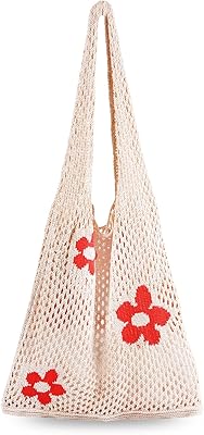 Arcimatto Crochet Tote Bag, Women Summer Aesthetic Mesh Beach Bags, Girls Hobo Bags Y2k Purse Fairy Grunge Accessories (Beige Flower)