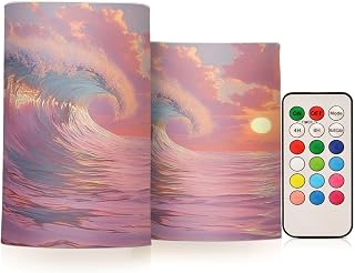 SPRIPORT Ocean Wave Sunset Pastel Flameless Candles for Outdoor Indoor Color Changing LED Candles with Remote Timer Fake Candles for Wedding Christmas Halloween Home Decoration Gifts