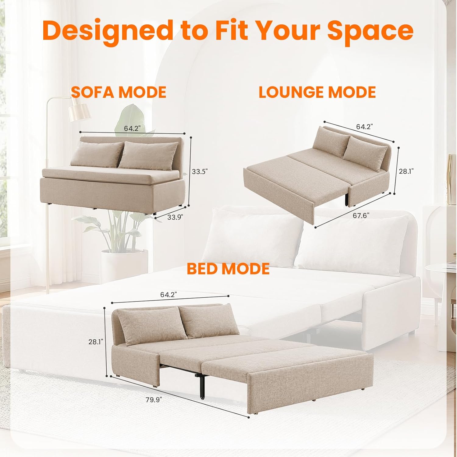 ijuicy 64'' Queen Size Pull Out Sofa Bed, 3 in 1 Linen Sleeper Sofa with Pullout Bed, Convertible Loveseat Couch Beds with Pillows and Tri-fold Mattress for Small Space Apartment, Beige