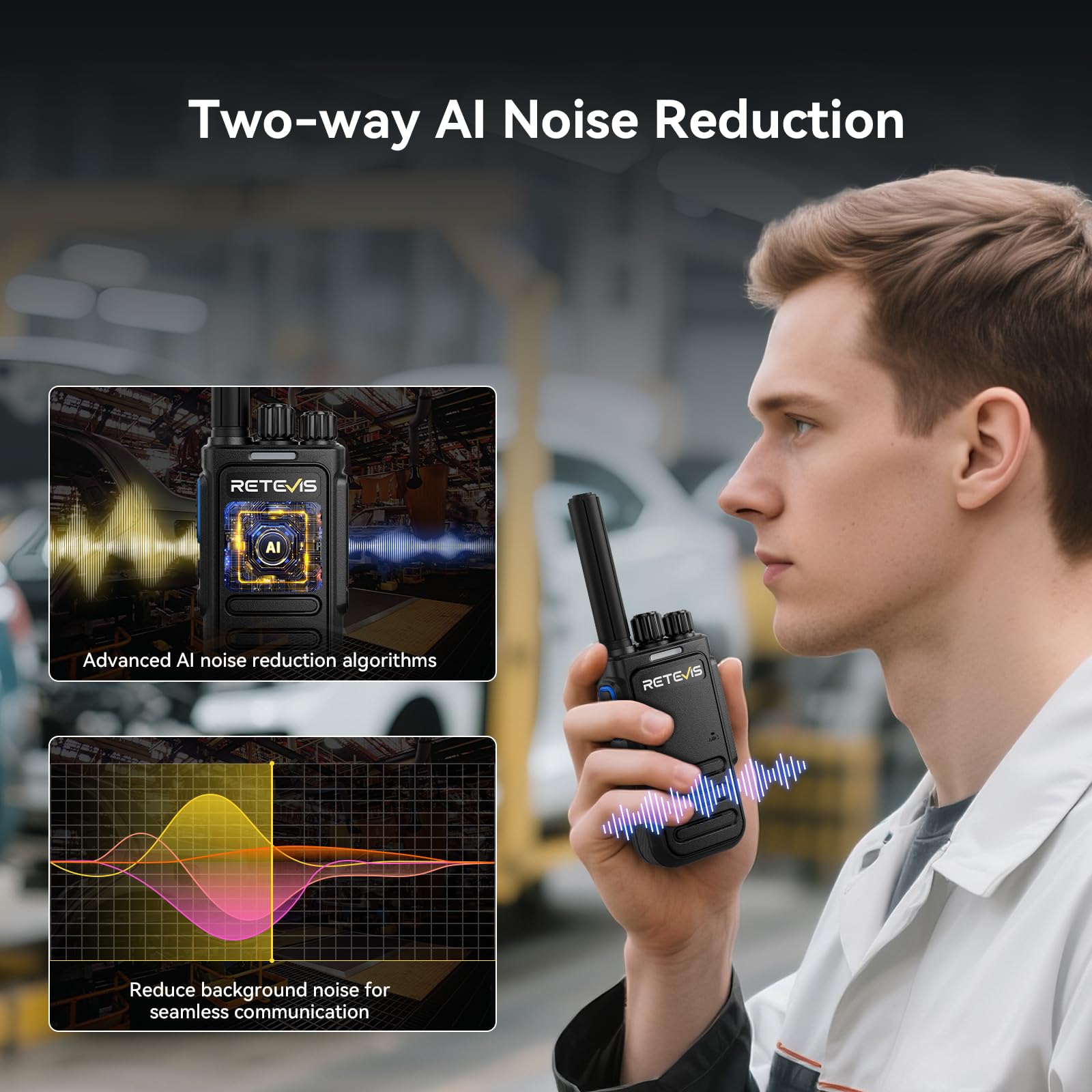 Retevis B64 Walkie-Talkie Bidireccional con Auricular, Insonorizado con IA, PMR446, Fácil de Usar y Resistente al Desgaste, Ideal para Reparación de Automóviles(Negro, 10 Unidades)