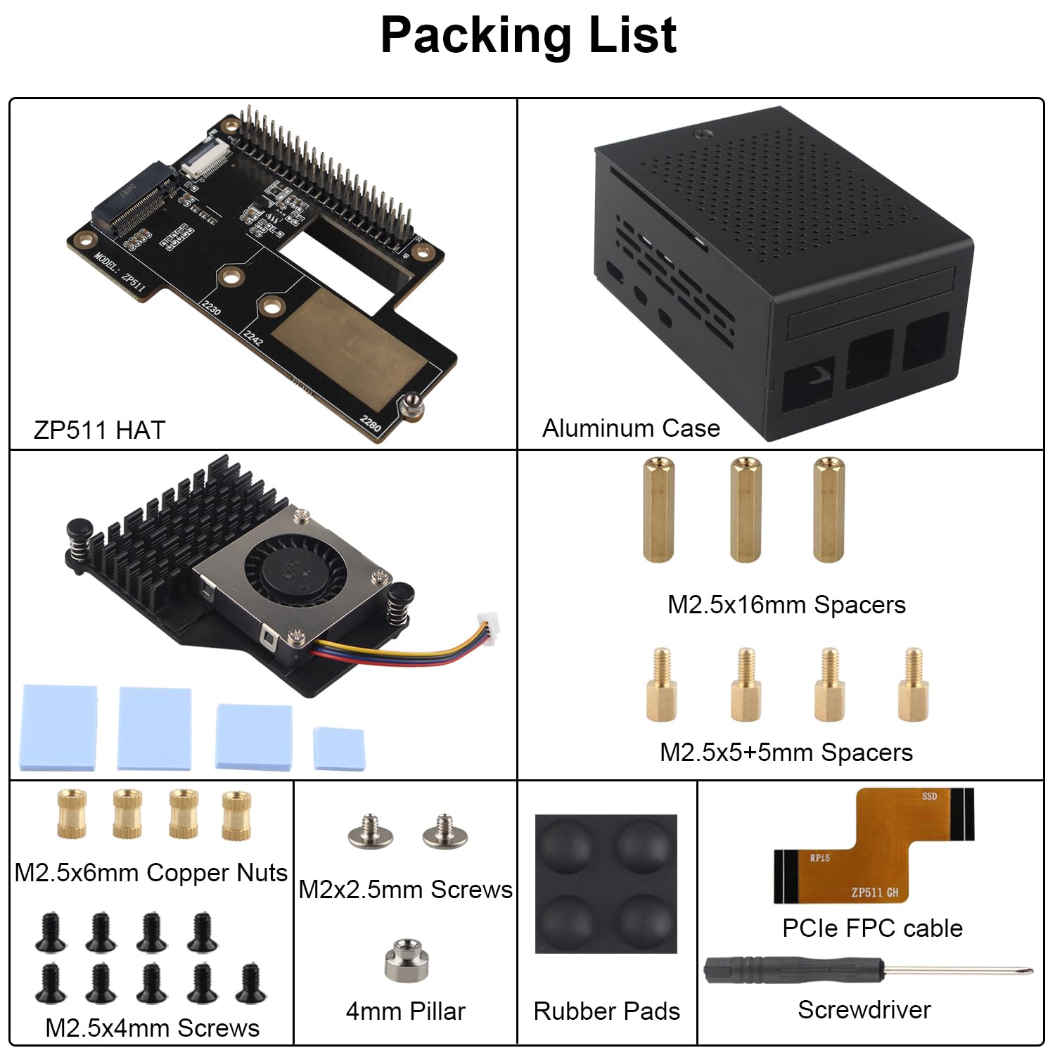 ZDE ZP511 PCIe to M.2 Key M NVMe SSD Hat with Aluminum Case ZC501 and Active Cooler ZP536 for Raspberry Pi 5 Support M.2 NVMe SSDs 2230 2242 2280