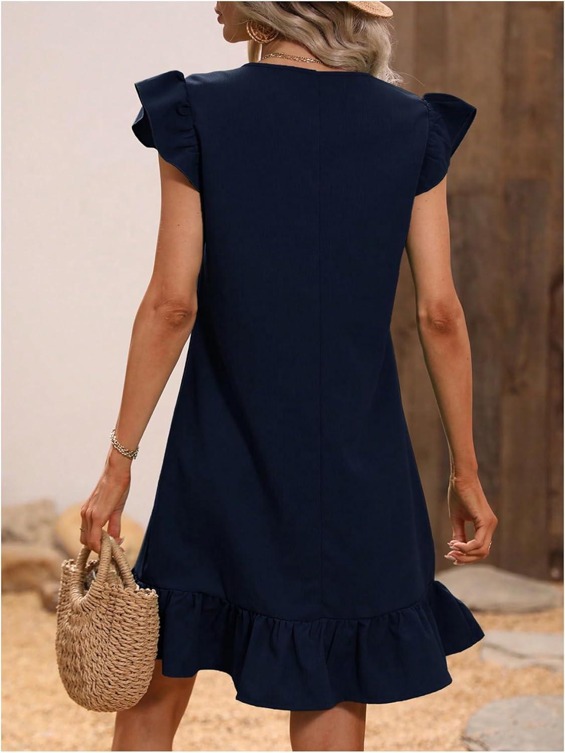 SOLY HUX Summer Dresses for Women V Neck Cap Sleeve Ruffle Hem Smock Short Dress - Image 2