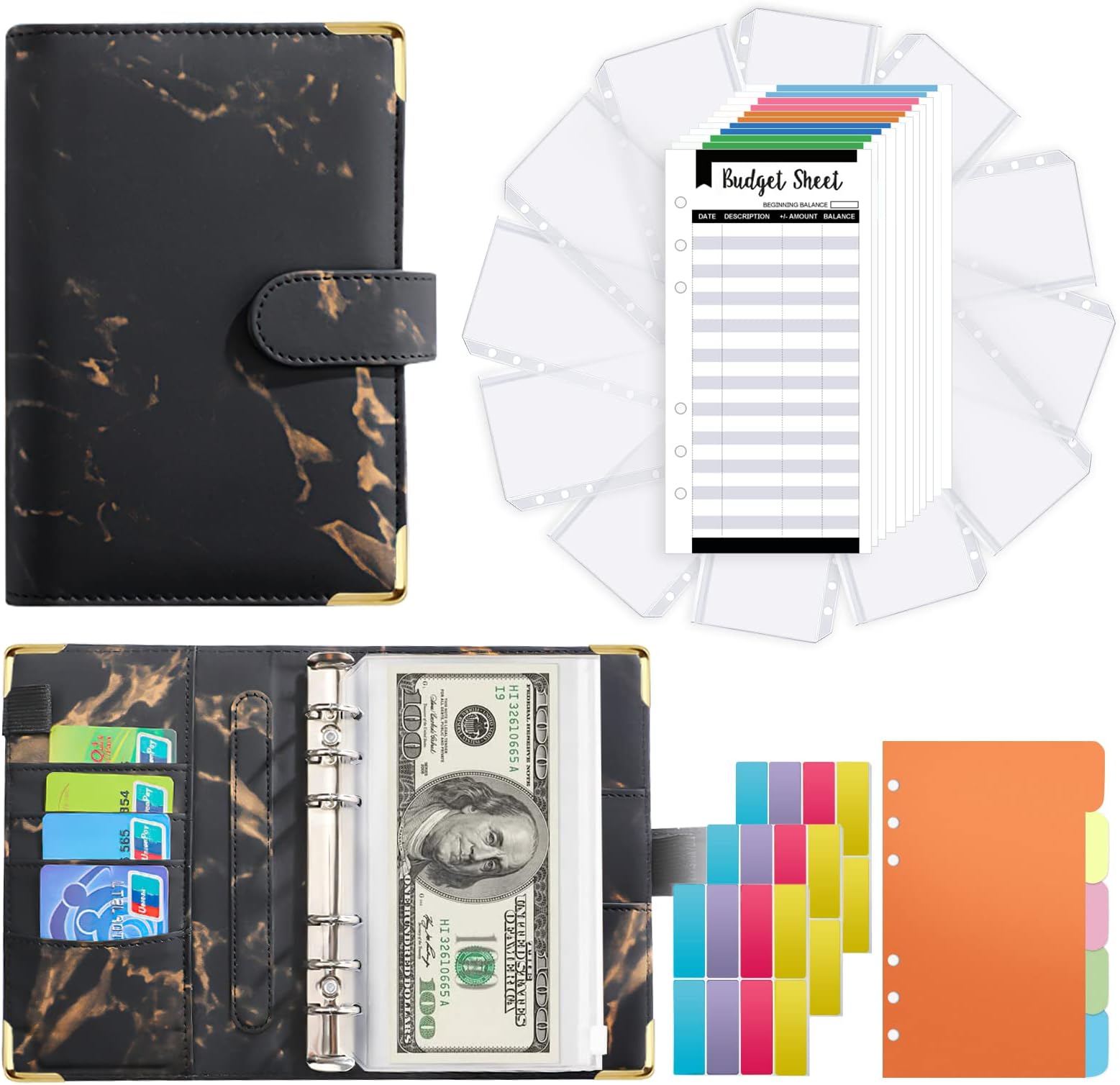 Budget Binder, A6 Cash Envelopes For Budgeting, Budget Planner with Cash envelopes, Money Organizer for Cash, Budget Binder with 12Pcs Zipper Envelopes, Marble Black