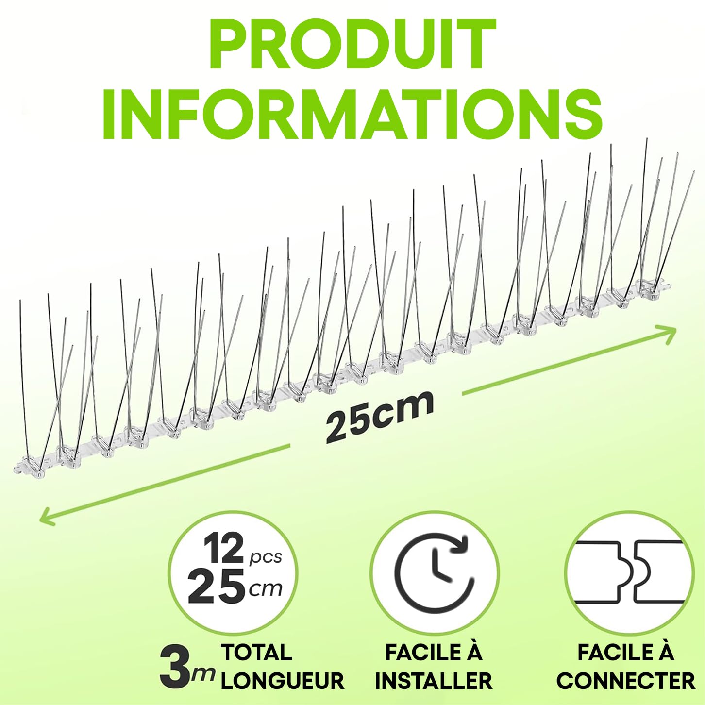 Piques en Acier Inoxydable Anti – Oiseaux – Repoussant Durable de Pigeons – Très dissuasif pour Les Oiseaux, Corbeaux et Les piverts – Facile à Installer et enlever, 10ft Soit 3M