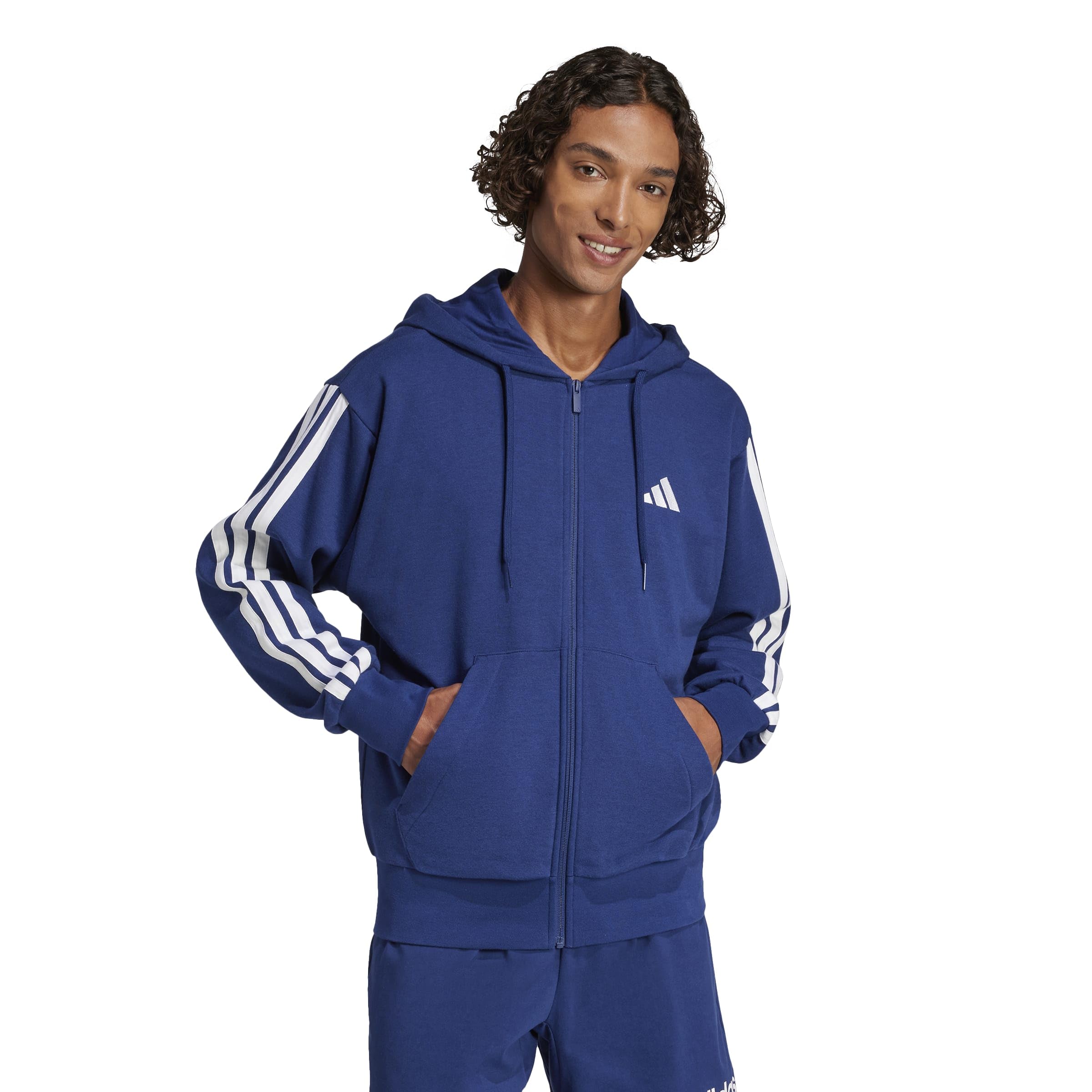 adidas Mężczyźni ESSENTIAL THREE STRIPES FRENCH TERRY FULLZIP HOODIE, Dark Blue/White, L