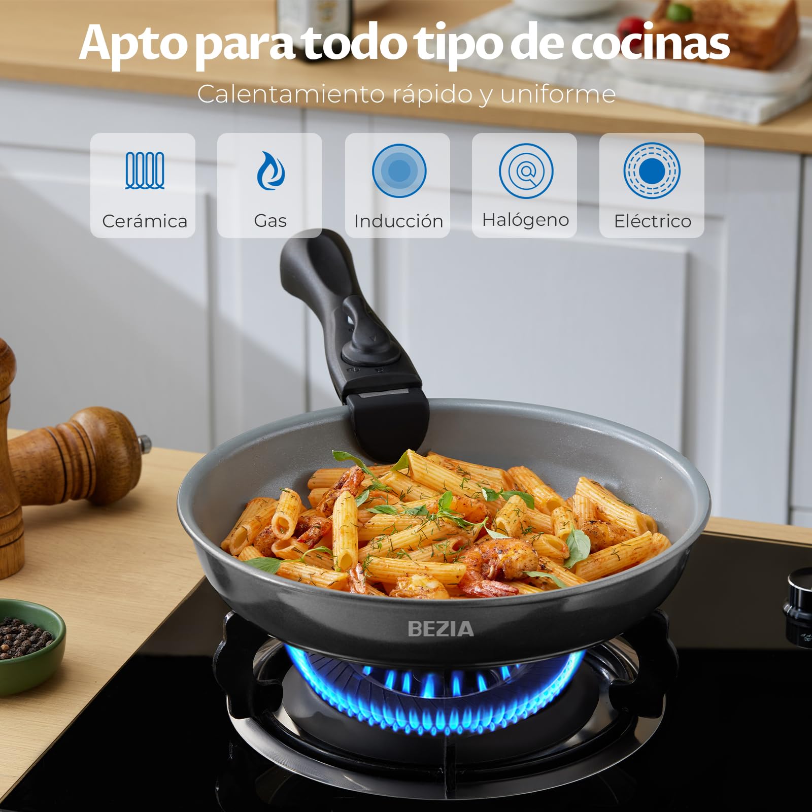 BEZIA Sartén de cerámica con mango extraíble – Juego de ollas de 9 piezas para inducción, antiadherentes con tapa, juego de ollas para todo tipo de cocinas, ollas apilables, aptas para horno y