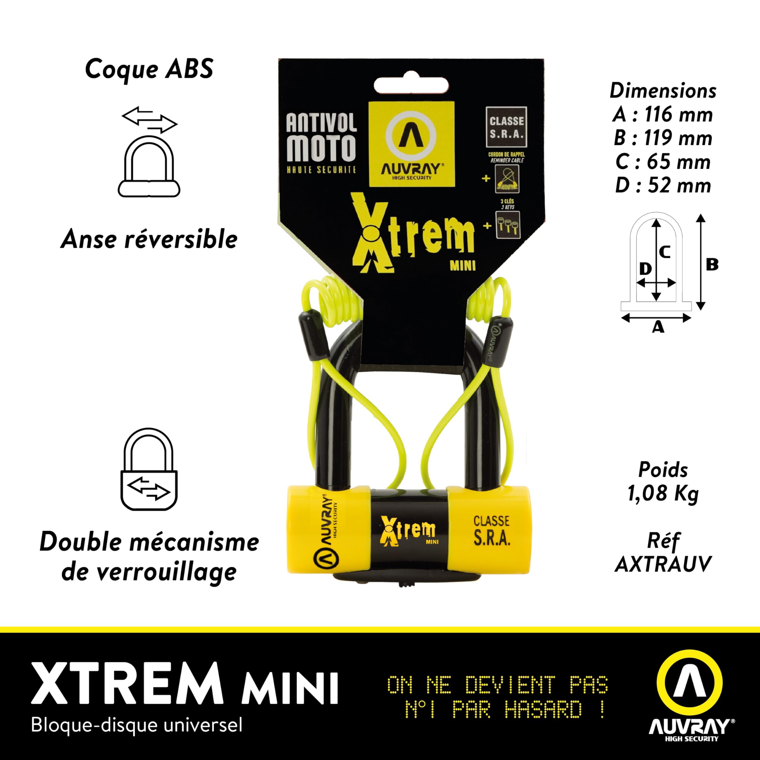 AUVRAY XTREM mini blokada tarczy hamulcowej Ø 16 mm SRA zamek bezpieczeństwa z kablem do motocykli