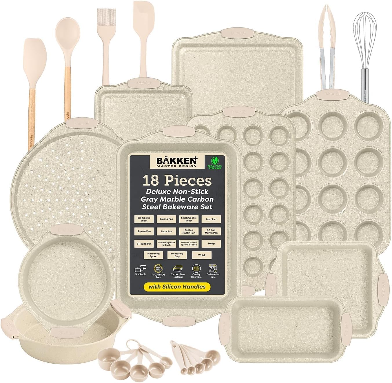 18-Piece Deluxe Nonstick Bakeware Set – Carbon Steel Baking Pans with White Marble Coating & Silicone Handles, Professional Kitchen Oven Set with Tools, Oven Safe to 446°F