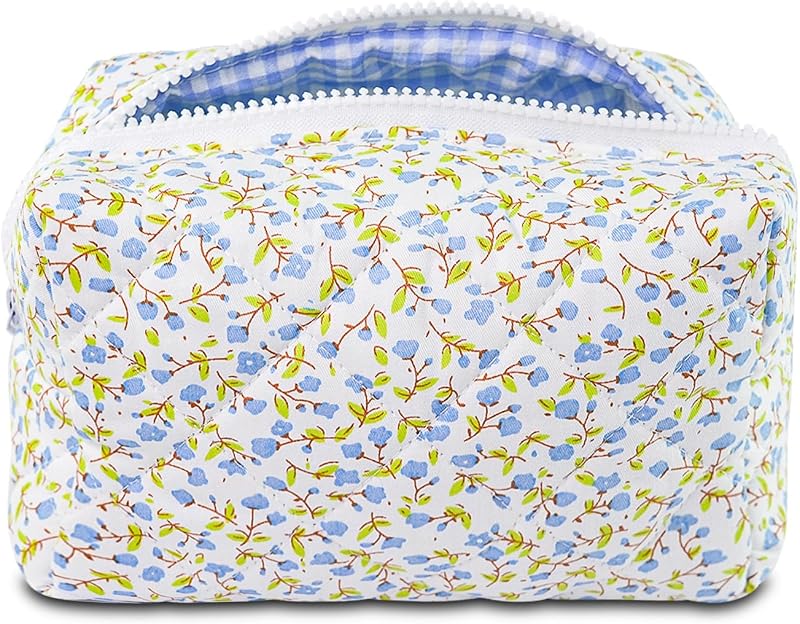 Necessaire de maquiagem AMZMA em algodão matelassê com estampa floral azul e zíper, 1 unidade