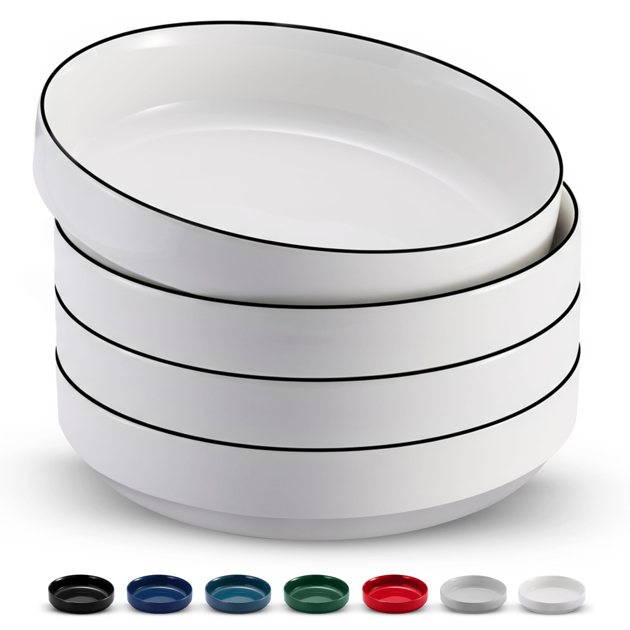 KooK Cuencos grandes de cerámica para pasta, aptos para microondas y lavavajillas, ideales para sopas y ensaladas, cuencos poco profundos, porcelana brillante, 48 onzas, juego de 4, francés