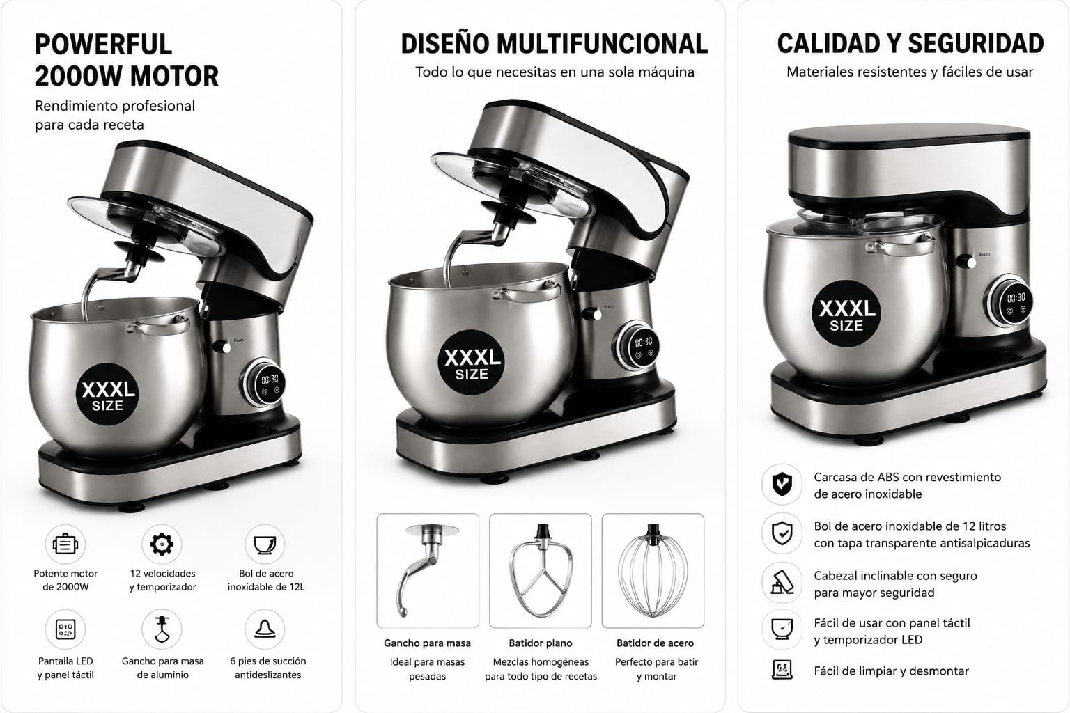 Amasadora Planetaria 2000W con Bol Acero Inoxidable 12L XXXL | 12 Velocidades, Pantalla LED Táctil, Cabezal Abatible, 3 Accesorios Incluidos, 6 Patas Antideslizantes